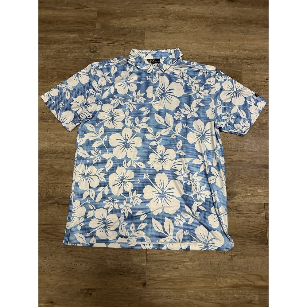 Yatta Golf Polo Shirt Mens XL Blue White Hawaiian‎ Floral Performance Stretch